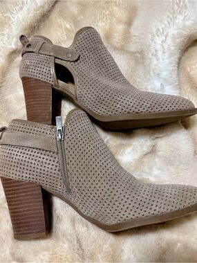 Franco Sarto Perforated Taupe Suede Block Heel Ankle Booties - 10B